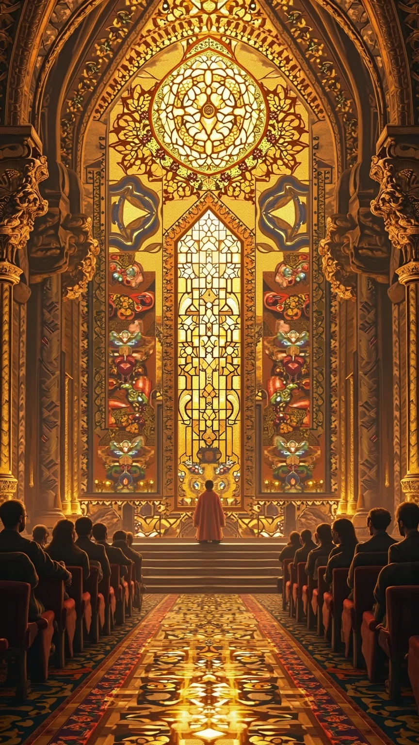 Byzantine mosaic style,gold background decorated with intricate geometric patterns and stained glass,Gorgeous and sacred,Overall composition symmetry,Meticulous in details...