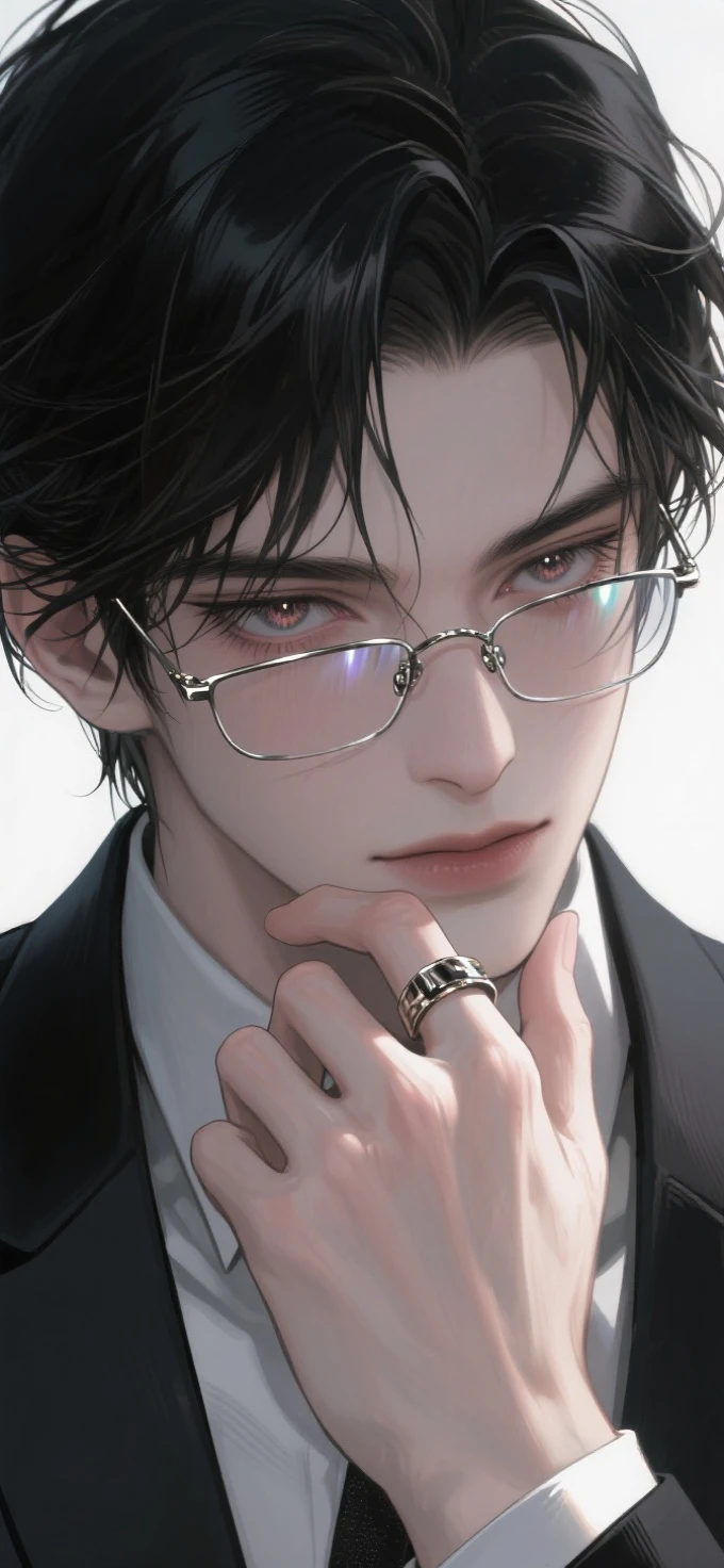 Illustration style,Close-up Shot Shot,Strong contrast atmosphere,Advancedsense,Face close-up,cool guy,Dark hair with messy、The demeanor is sick,The eyes are sharp,Evil charm,Suit suit,touching the chin and wearing a ring,hitting the face with a beam of light to reflect the frame of the glasses、metallic luster,pupils in the scene,Highest image quality,Beautiful eyes,Hazy,Face Shadow,Face in Focus,High quality,Realistic and realistic,Delicate texture,Ultra detailed。
