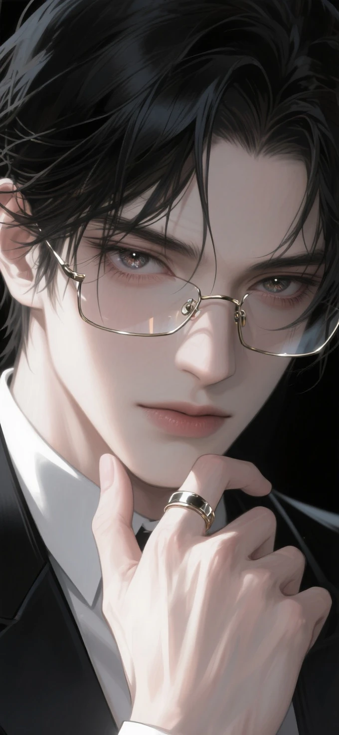Illustration style,Close-up Shot Shot,Strong contrast atmosphere,Advancedsense,Face close-up,cool guy,Dark hair with messy、The demeanor is sick,The eyes are sharp,Evil charm,Suit suit,touching the chin and wearing a ring,hitting the face with a beam of light to reflect the frame of the glasses、metallic luster,pupils in the scene,Highest image quality,Beautiful eyes,Hazy,Face Shadow,Face in Focus,High quality,Realistic and realistic,Delicate texture,Ultra detailed。