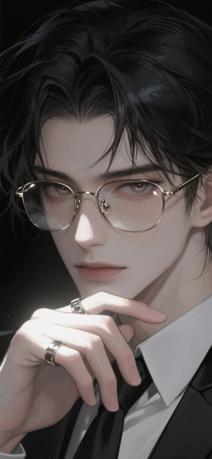 Illustration style,Close-up Shot Shot,Strong contrast atmosphere,Advancedsense,Face close-up,cool guy,Dark hair with messy、The demeanor is sick,The eyes are sharp,Evil charm,Suit suit,touching the chin and wearing a ring,hitting the face with a beam of light to reflect the frame of the glasses、metallic luster,pupils in the scene,Highest image quality,Beautiful eyes,Hazy,Face Shadow,Face in Focus,High quality,Realistic and realistic,Delicate texture,Ultra detailed。