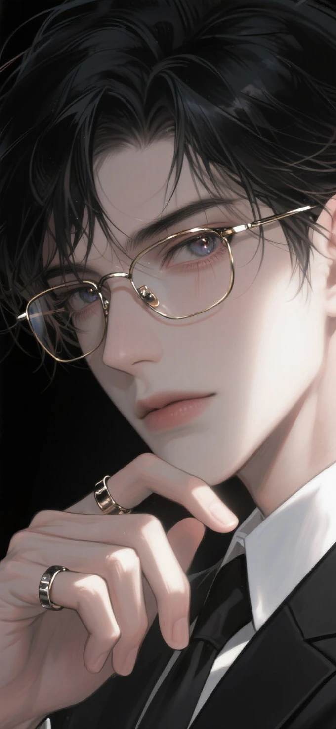 Illustration style,Close-up Shot Shot,Strong contrast atmosphere,Advancedsense,Face close-up,cool guy,Dark hair with messy、The demeanor is sick,The eyes are sharp,Evil charm,Suit suit,touching the chin and wearing a ring,hitting the face with a beam of light to reflect the frame of the glasses、metallic luster,pupils in the scene,Highest image quality,Beautiful eyes,Hazy,Face Shadow,Face in Focus,High quality,Realistic and realistic,Delicate texture,Ultra detailed。