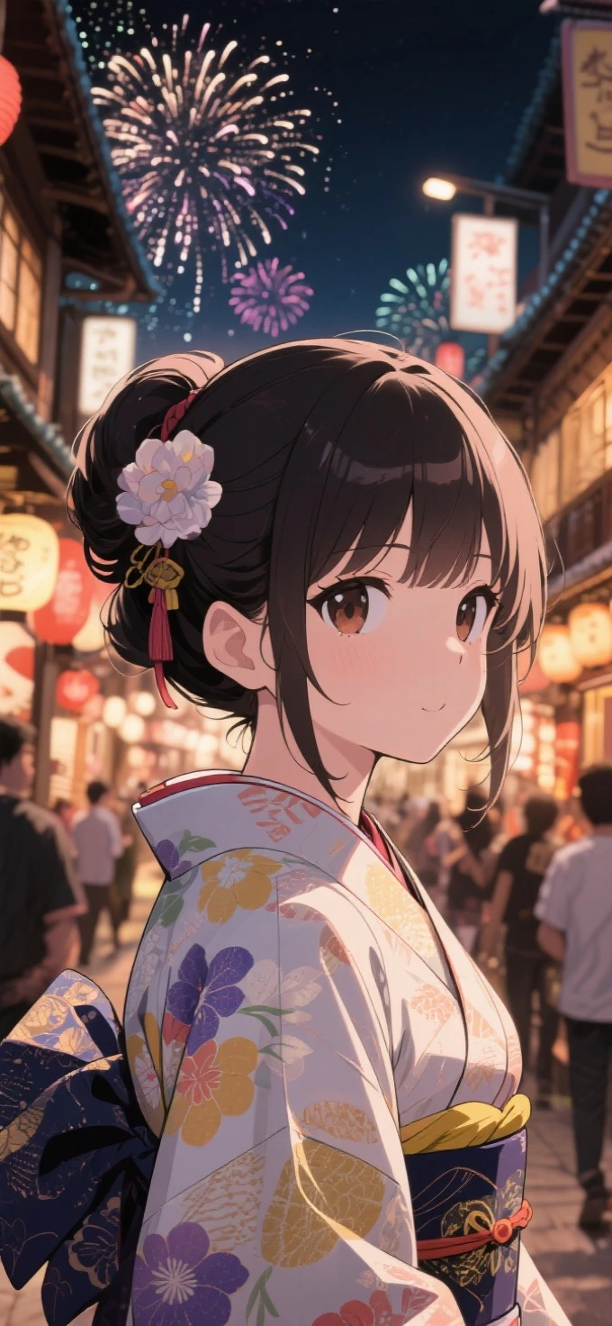 two-dimensional Japanese animated comic style，a beauty girl，wearing kimonos，Coiled hair，natta，bustling Japanese town streets，fire works，Close-up face close-up