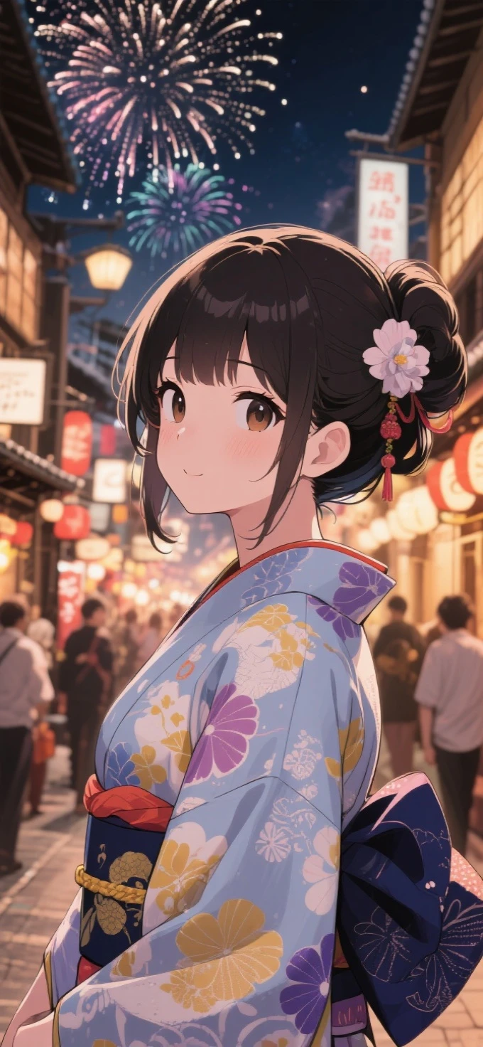 two-dimensional Japanese animated comic style，a beauty girl，wearing kimonos，Coiled hair，natta，bustling Japanese town streets，fire works，Close-up face close-up