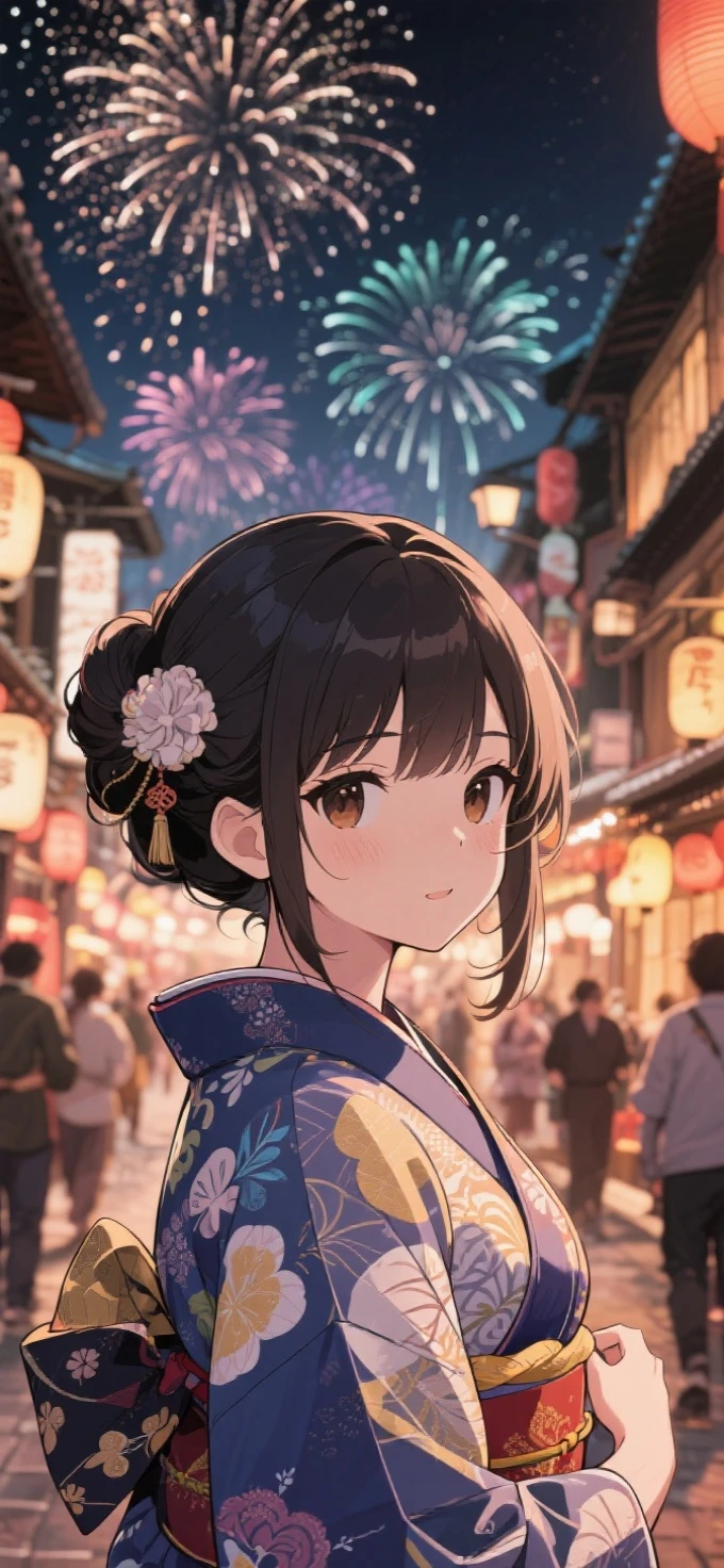 two-dimensional Japanese animated comic style，a beauty girl，wearing kimonos，Coiled hair，natta，bustling Japanese town streets，fire works，Close-up face close-up