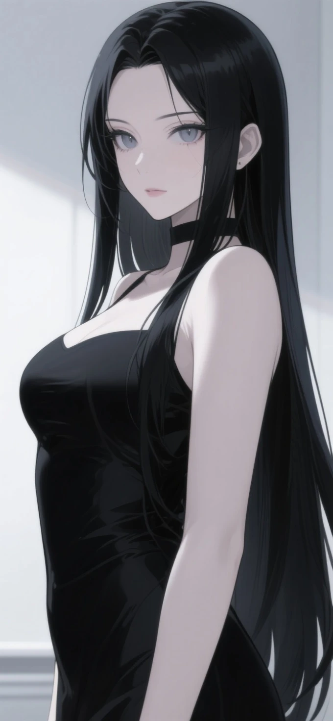 anime two-dimensional lady,super long black hair,cool facial shadows with light,gray pupil color,natural,inside in room,black clothes with clean background,Full body,Face close-up,cool color extreme detail