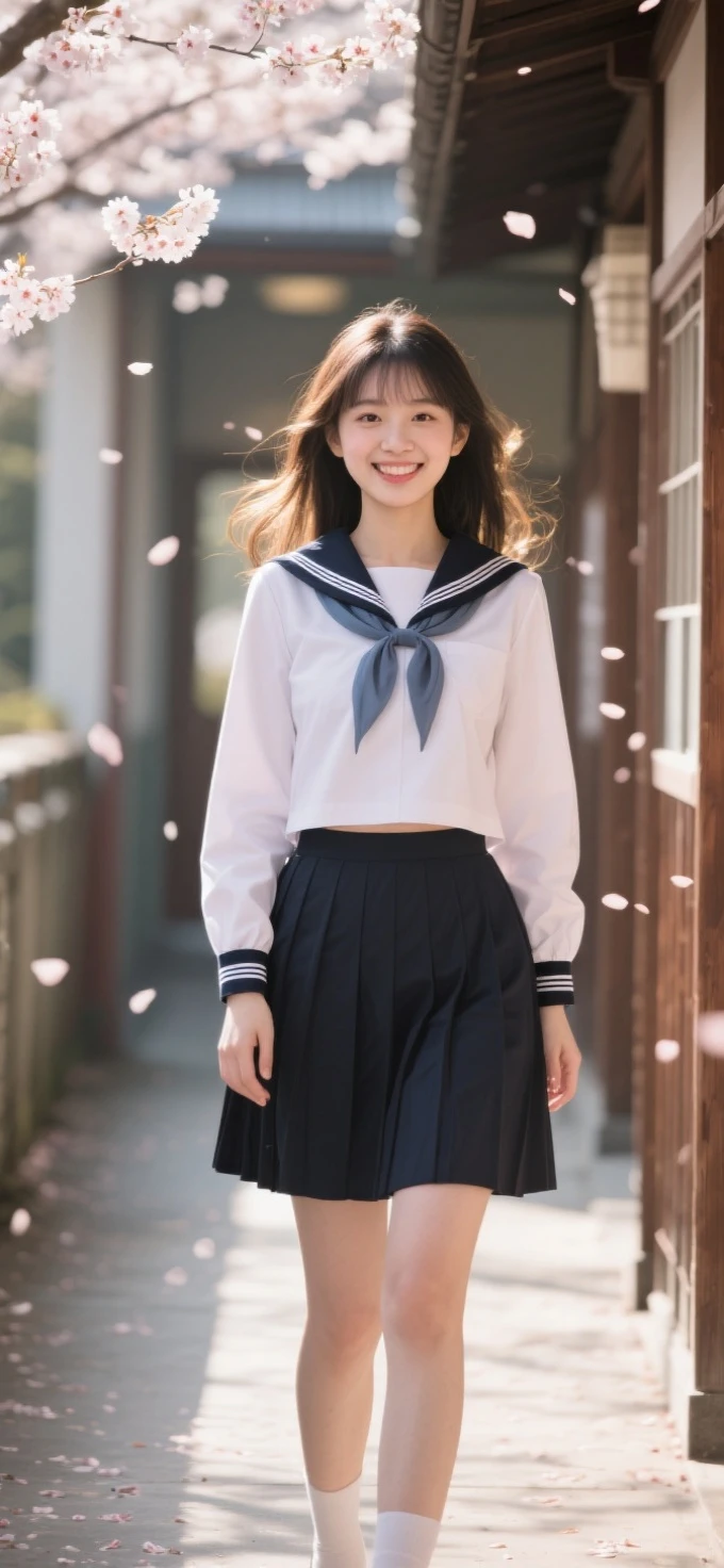 Beautiful girl in a Japanese school uniform standing in a Japanese school hallway,Exquisite facial features like a porcelain doll,plump figure perfectly showing curves in a school uniform,HD 8k quality real life photo,Lovely smile,natural light and shadows outline the face,cherry blossoms falling, blurred background,backlighting with golden edges,Canon EOS R5 shooting portrait mode,skin showing a healthy blush