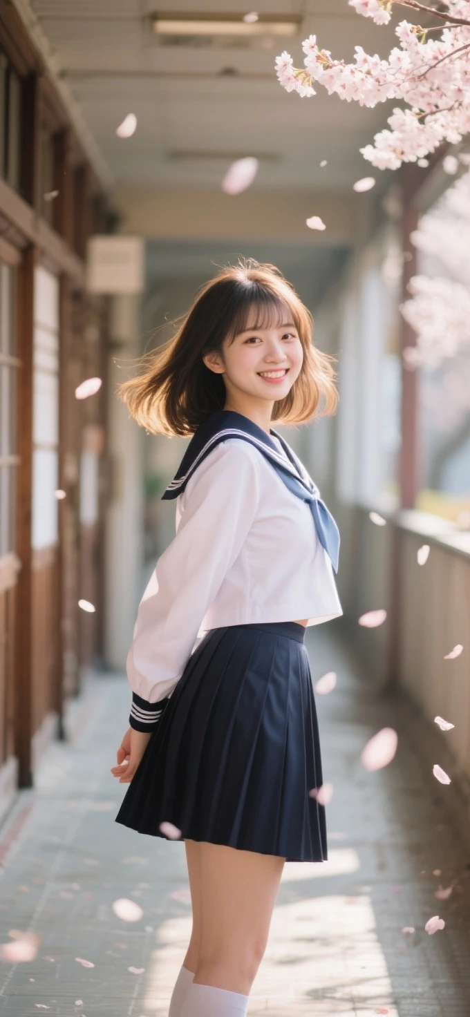 Beautiful girl in a Japanese school uniform standing in a Japanese school hallway,Exquisite facial features like a porcelain doll,plump figure perfectly showing curves in a school uniform,HD 8k quality real life photo,Lovely smile,natural light and shadows outline the face,cherry blossoms falling, blurred background,backlighting with golden edges,Canon EOS R5 shooting portrait mode,skin showing a healthy blush
