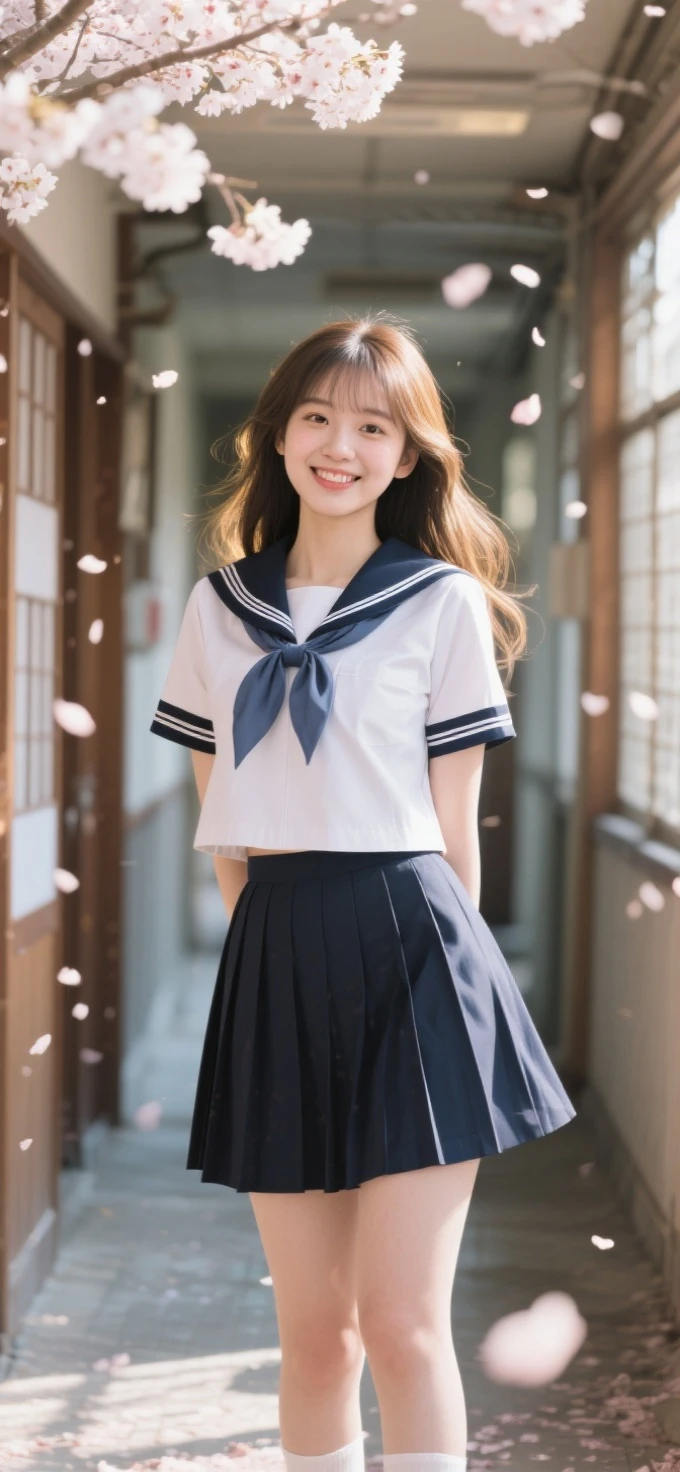 Beautiful girl in a Japanese school uniform standing in a Japanese school hallway,Exquisite facial features like a porcelain doll,plump figure perfectly showing curves in a school uniform,HD 8k quality real life photo,Lovely smile,natural light and shadows outline the face,cherry blossoms falling, blurred background,backlighting with golden edges,Canon EOS R5 shooting portrait mode,skin showing a healthy blush