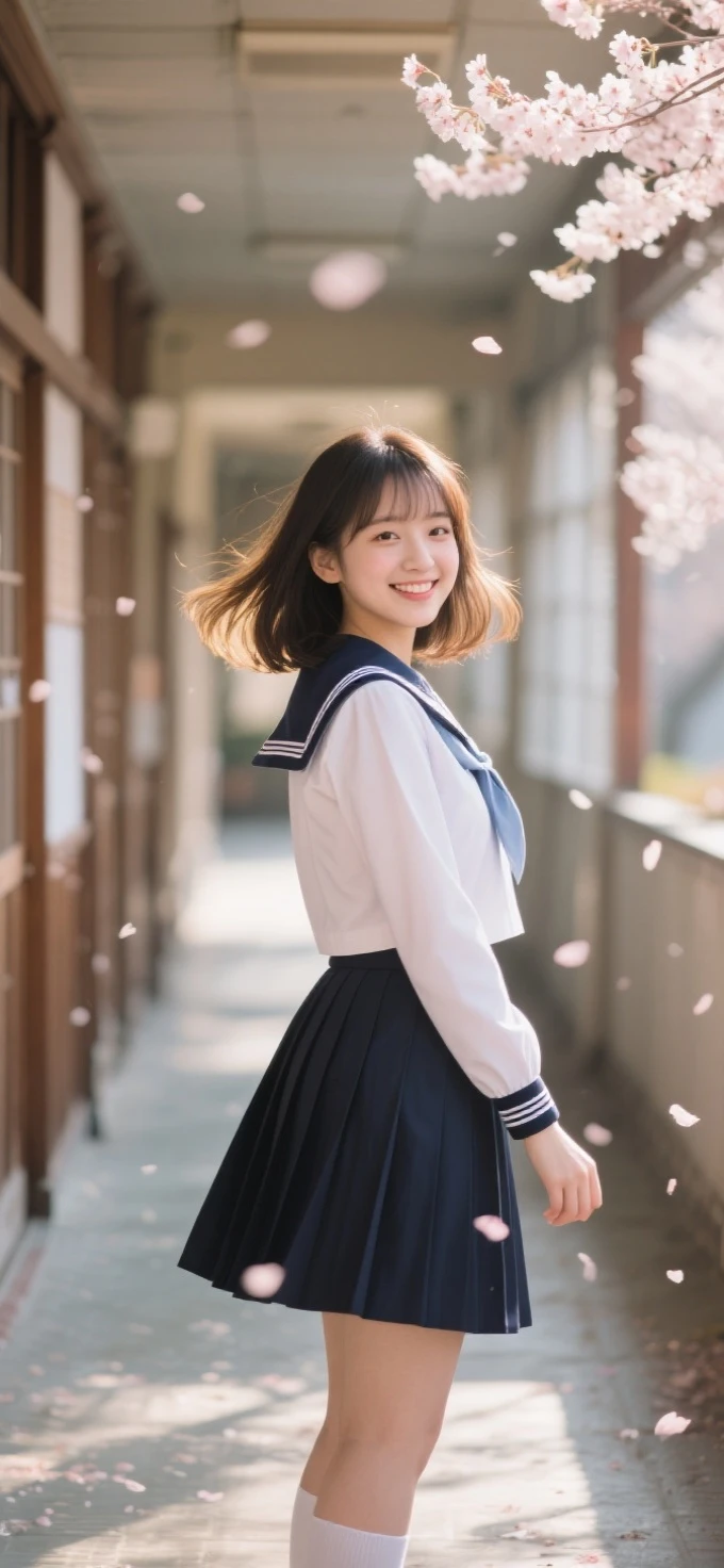 Beautiful girl in a Japanese school uniform standing in a Japanese school hallway,Exquisite facial features like a porcelain doll,plump figure perfectly showing curves in a school uniform,HD 8k quality real life photo,Lovely smile,natural light and shadows outline the face,cherry blossoms falling, blurred background,backlighting with golden edges,Canon EOS R5 shooting portrait mode,skin showing a healthy blush