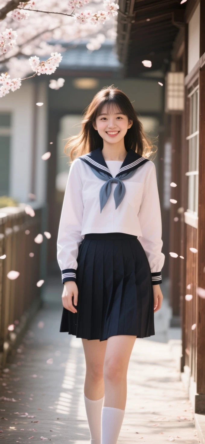 Beautiful girl in a Japanese school uniform standing in a Japanese school hallway,Exquisite facial features like a porcelain doll,plump figure perfectly showing curves in a school uniform,HD 8k quality real life photo,Lovely smile,natural light and shadows outline the face,cherry blossoms falling, blurred background,backlighting with golden edges,Canon EOS R5 shooting portrait mode,skin showing a healthy blush