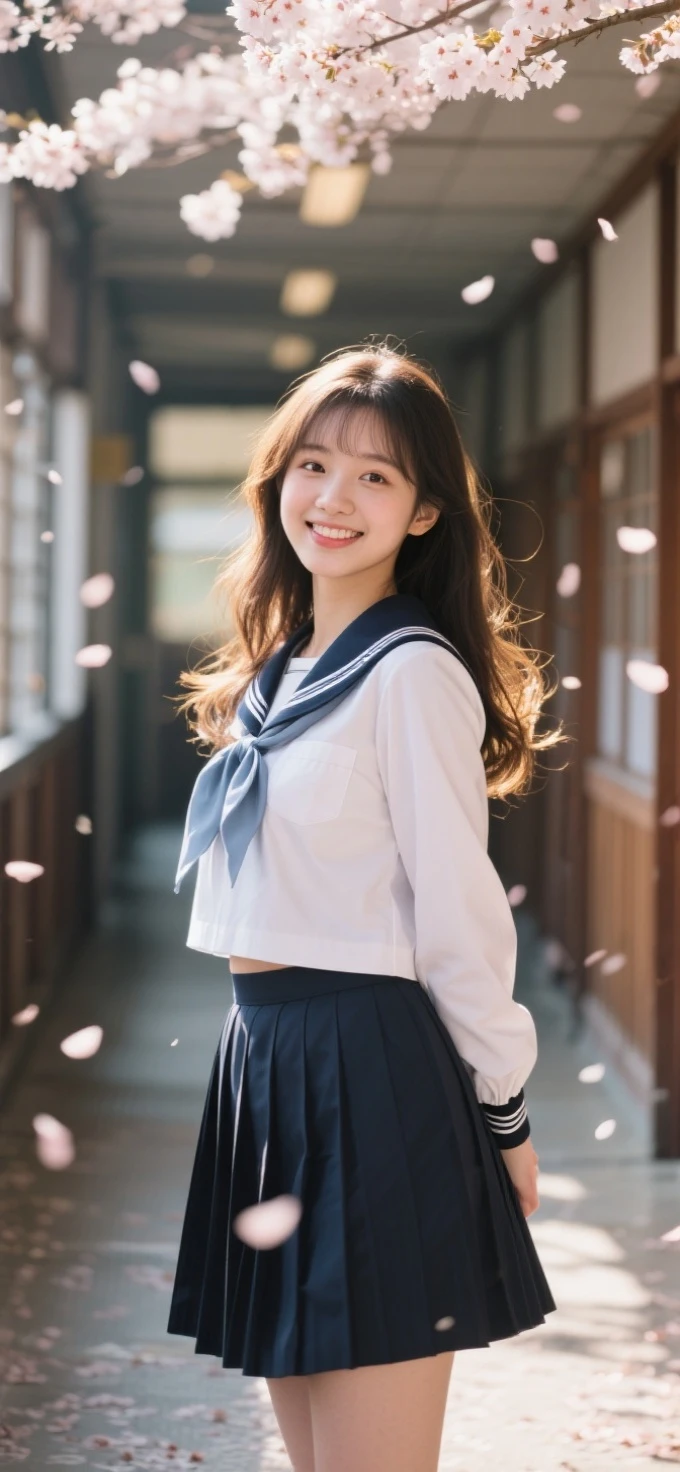 Beautiful girl in a Japanese school uniform standing in a Japanese school hallway,Exquisite facial features like a porcelain doll,plump figure perfectly showing curves in a school uniform,HD 8k quality real life photo,Lovely smile,natural light and shadows outline the face,cherry blossoms falling, blurred background,backlighting with golden edges,Canon EOS R5 shooting portrait mode,skin showing a healthy blush