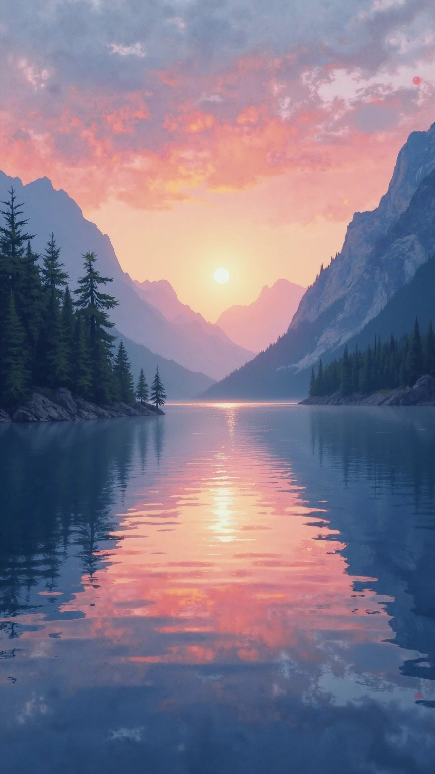 Impressionistic style,Quiet inland lake at dusk,The surface of the lake is like a mirror,reflects the fading sky and the outline of the mountains,ripples gently rippling with shimmer light,creates a quiet and mysterious atmosphere,Colorful,Clear brushstrokes,Horizontal landscape composition。
