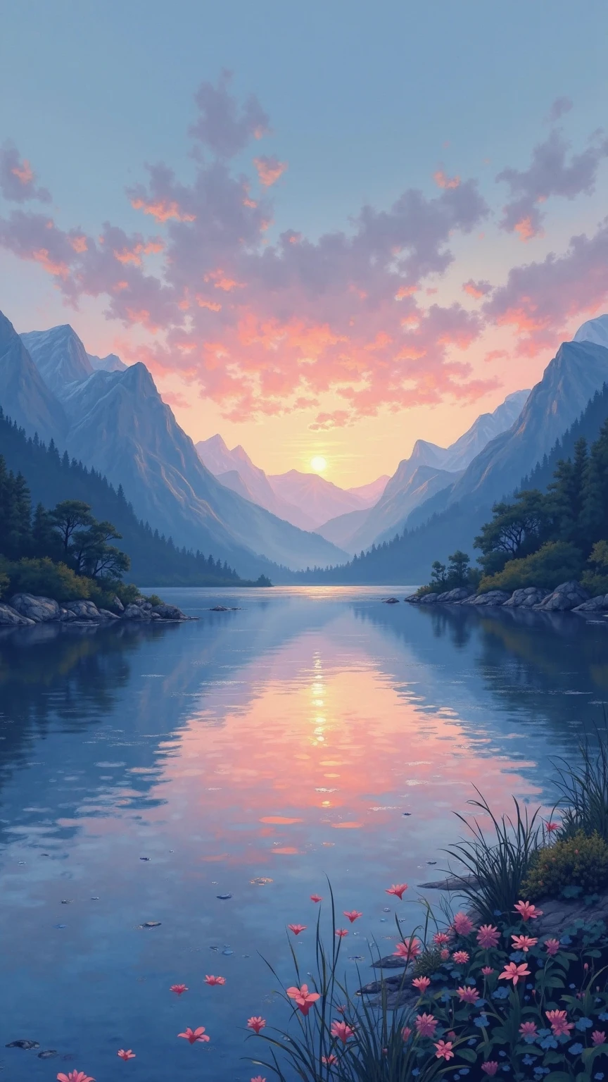 Impressionistic style,Quiet inland lake at dusk,The surface of the lake is like a mirror,reflects the fading sky and the outline of the mountains,ripples gently rippling with shimmer light,creates a quiet and mysterious atmosphere,Colorful,Clear brushstrokes,Horizontal landscape composition。