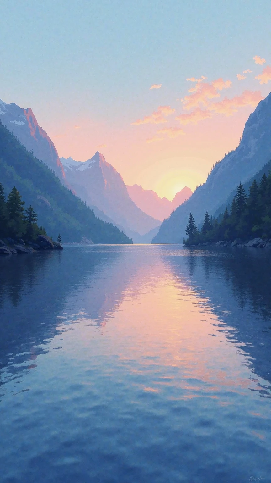 Impressionistic style,Quiet inland lake at dusk,The surface of the lake is like a mirror,reflects the fading sky and the outline of the mountains,ripples gently rippling with shimmer light,creates a quiet and mysterious atmosphere,Colorful,Clear brushstrokes,Horizontal landscape composition。