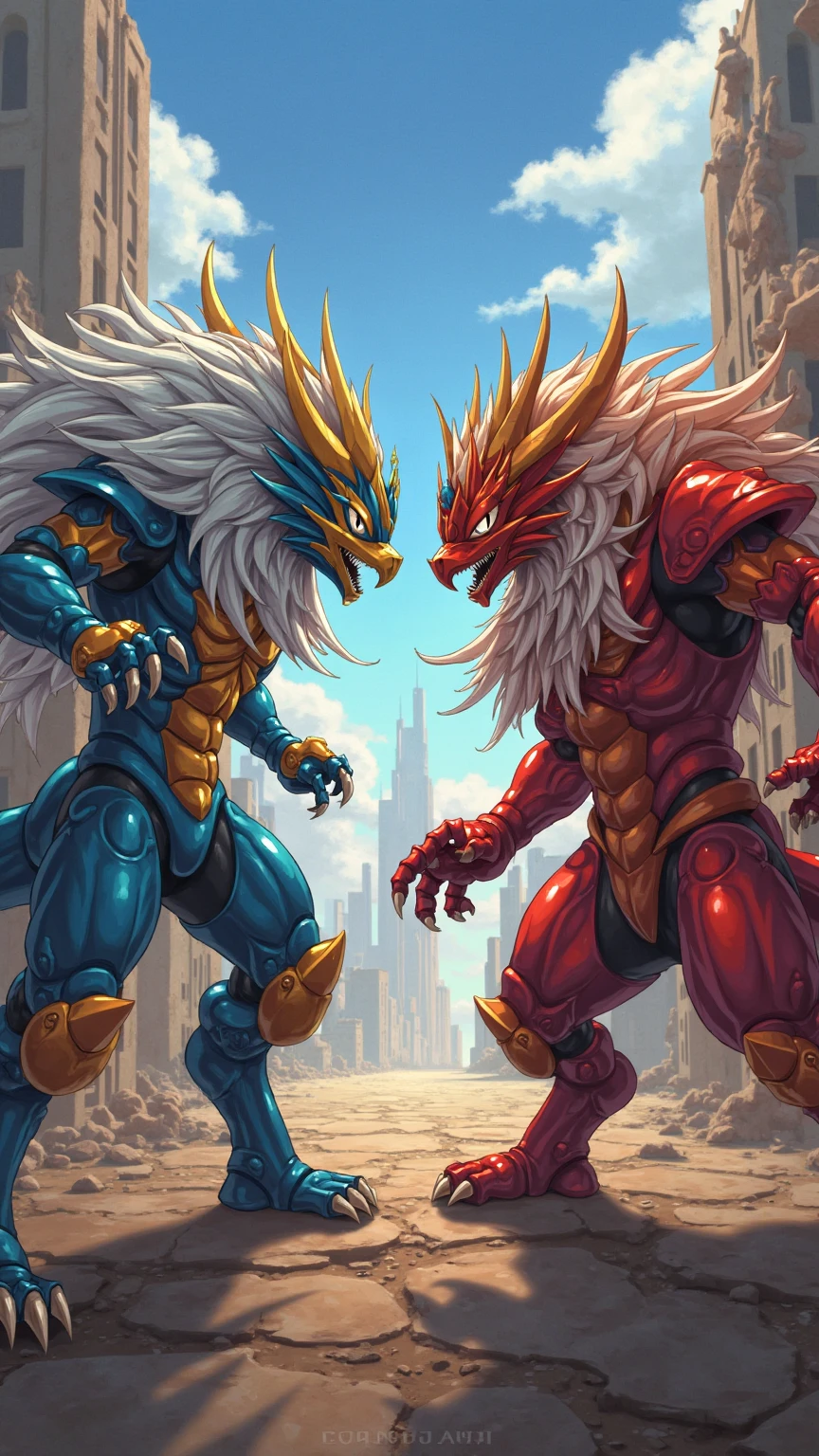 Digimon,Royal Knights Civil War,Fierce confrontation between Omega Beast and Alpha Beast,The two beasts are fully equipped and shining,The background is a ruined city,Anime style full of fighting atmosphere,Dynamic panoramic view