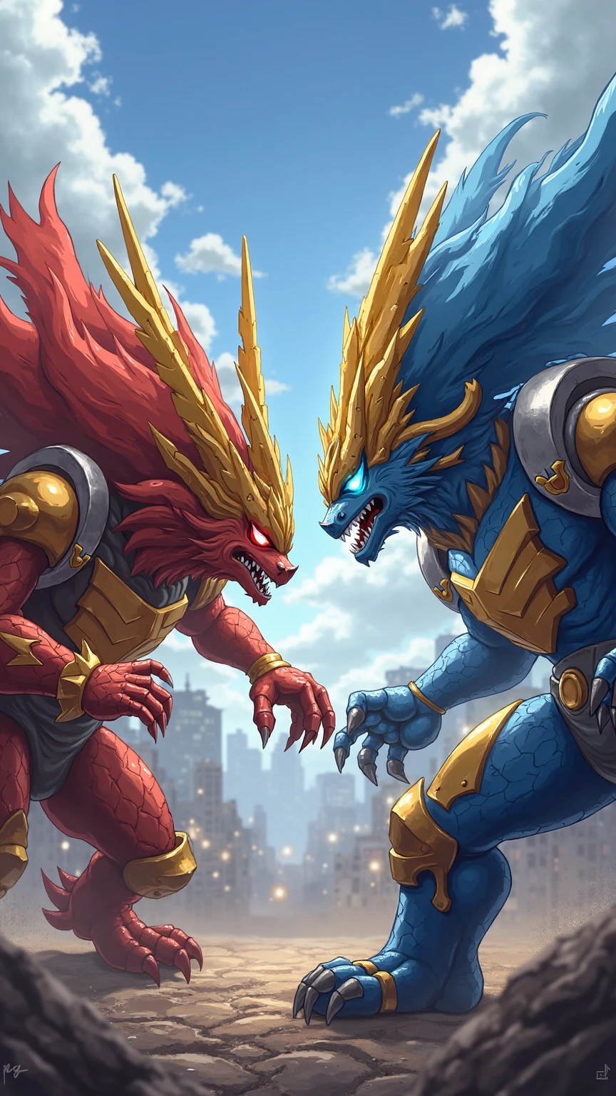 Digimon,Royal Knights Civil War,Fierce confrontation between Omega Beast and Alpha Beast,The two beasts are fully equipped and shining,The background is a ruined city,Anime style full of fighting atmosphere,Dynamic panoramic view