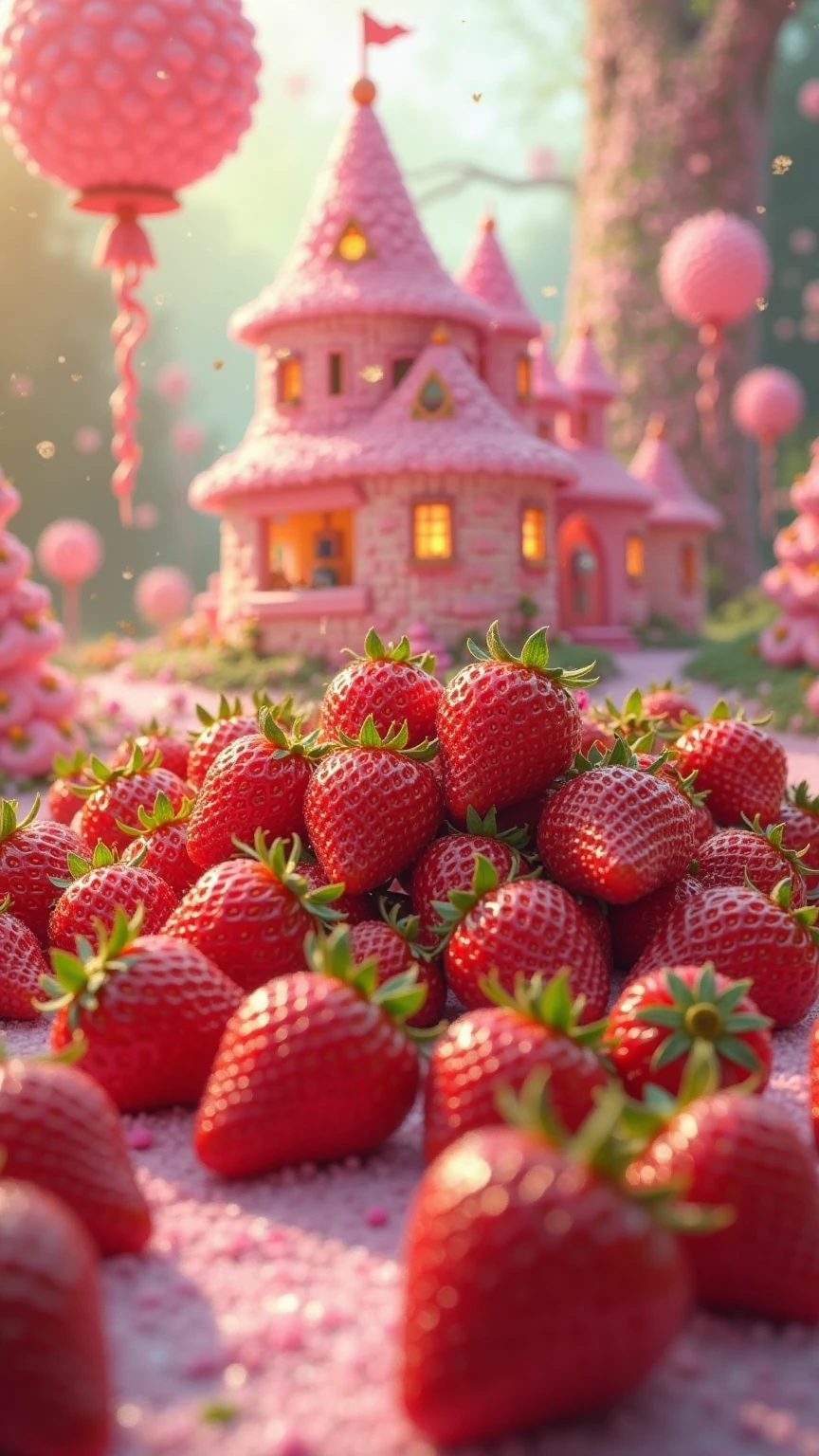 梦幻糖果屋中,bright red strawberries are scattered in a pile of colorful ,Exudes a sweet scent,A sweet fairytale scene in a dream house。