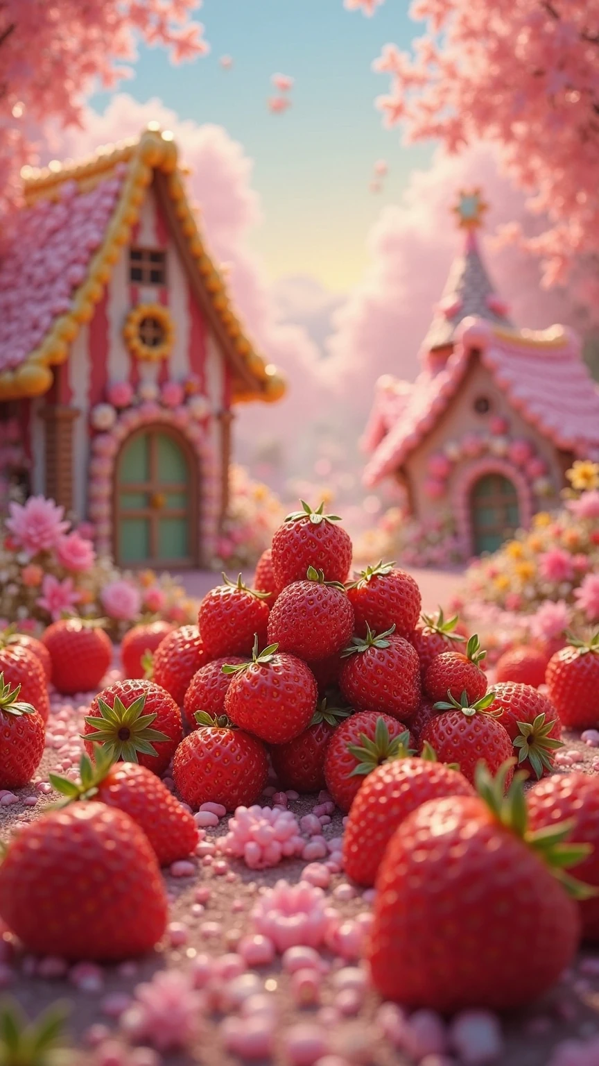 梦幻糖果屋中,bright red strawberries are scattered in a pile of colorful ,Exudes a sweet scent,A sweet fairytale scene in a dream house。