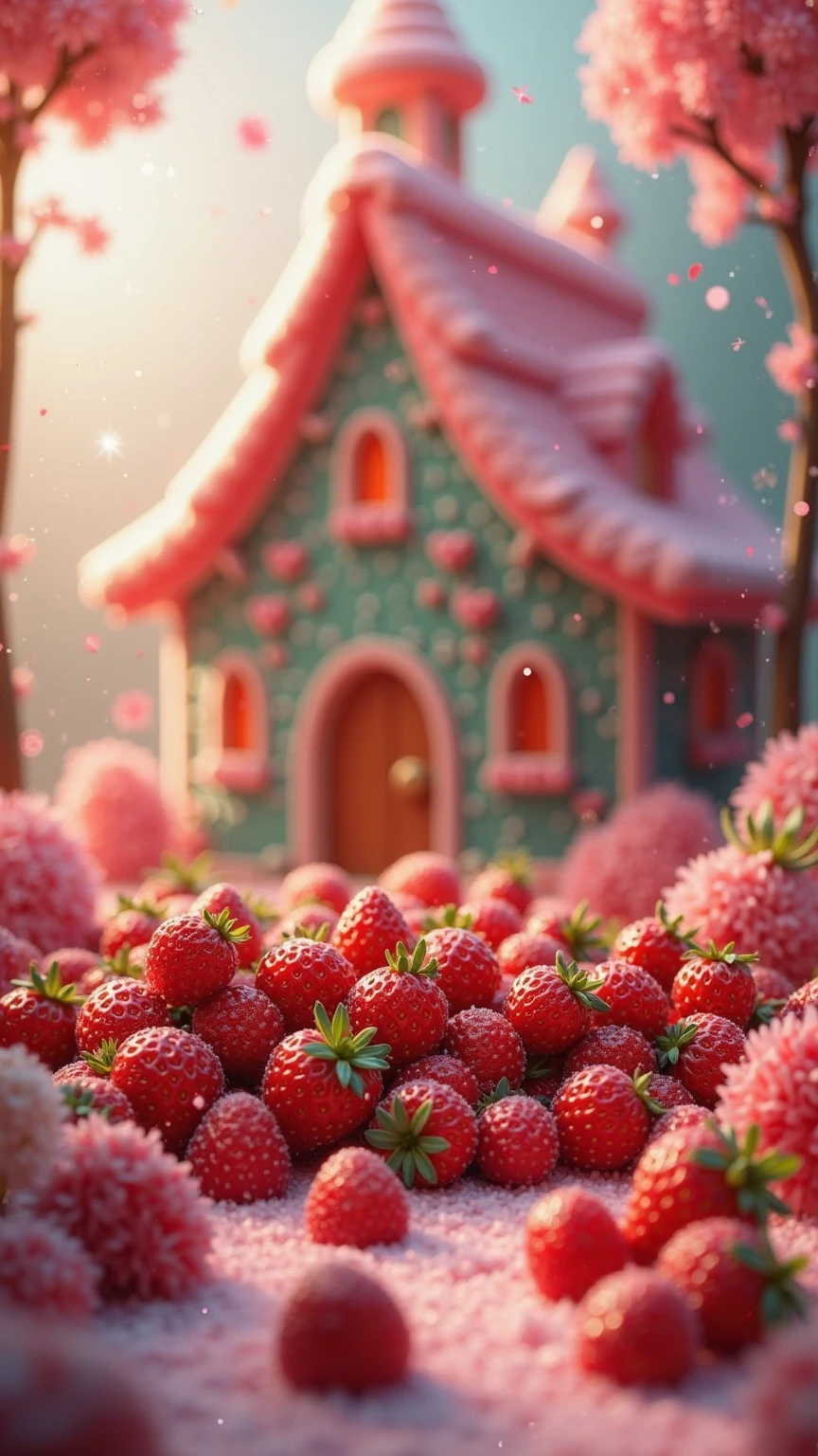 梦幻糖果屋中,bright red strawberries are scattered in a pile of colorful ,Exudes a sweet scent,A sweet fairytale scene in a dream house。