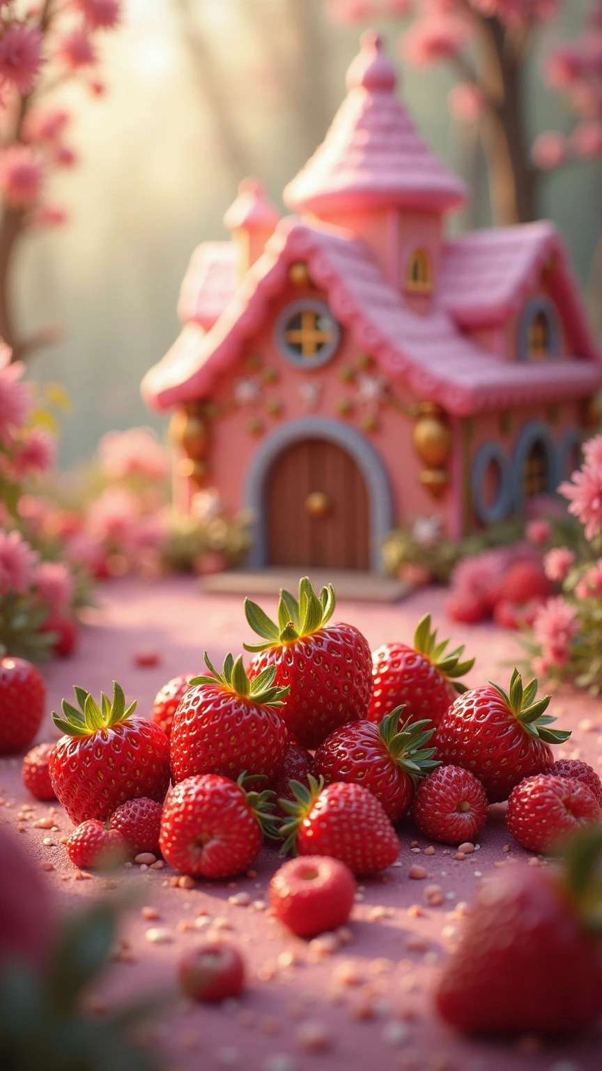梦幻糖果屋中,bright red strawberries are scattered in a pile of colorful ,Exudes a sweet scent,A sweet fairytale scene in a dream house。