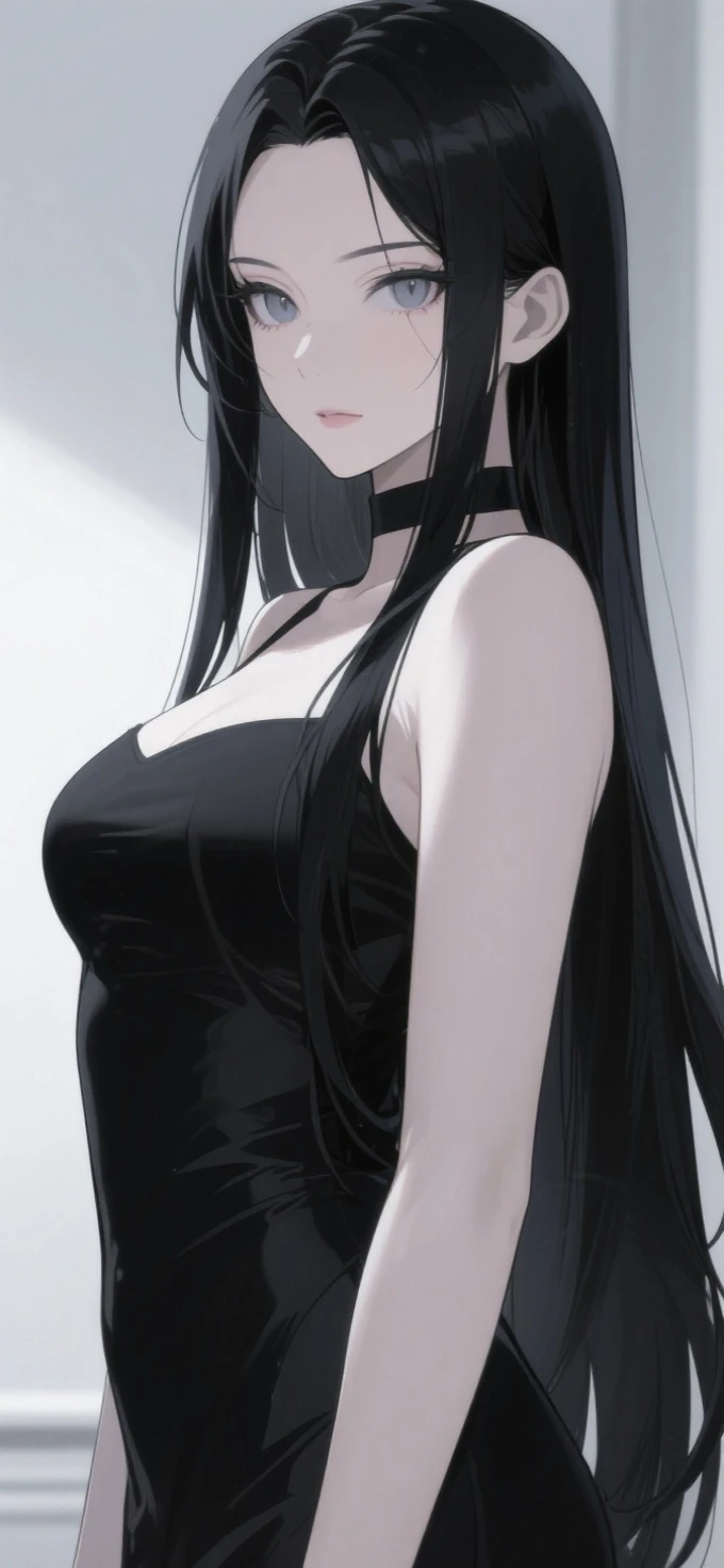 anime two-dimensional lady,super long black hair,cool facial shadows with light,gray pupil color,natural,inside in room,black clothes with clean background,Full body,Face close-up,cool color extreme detail