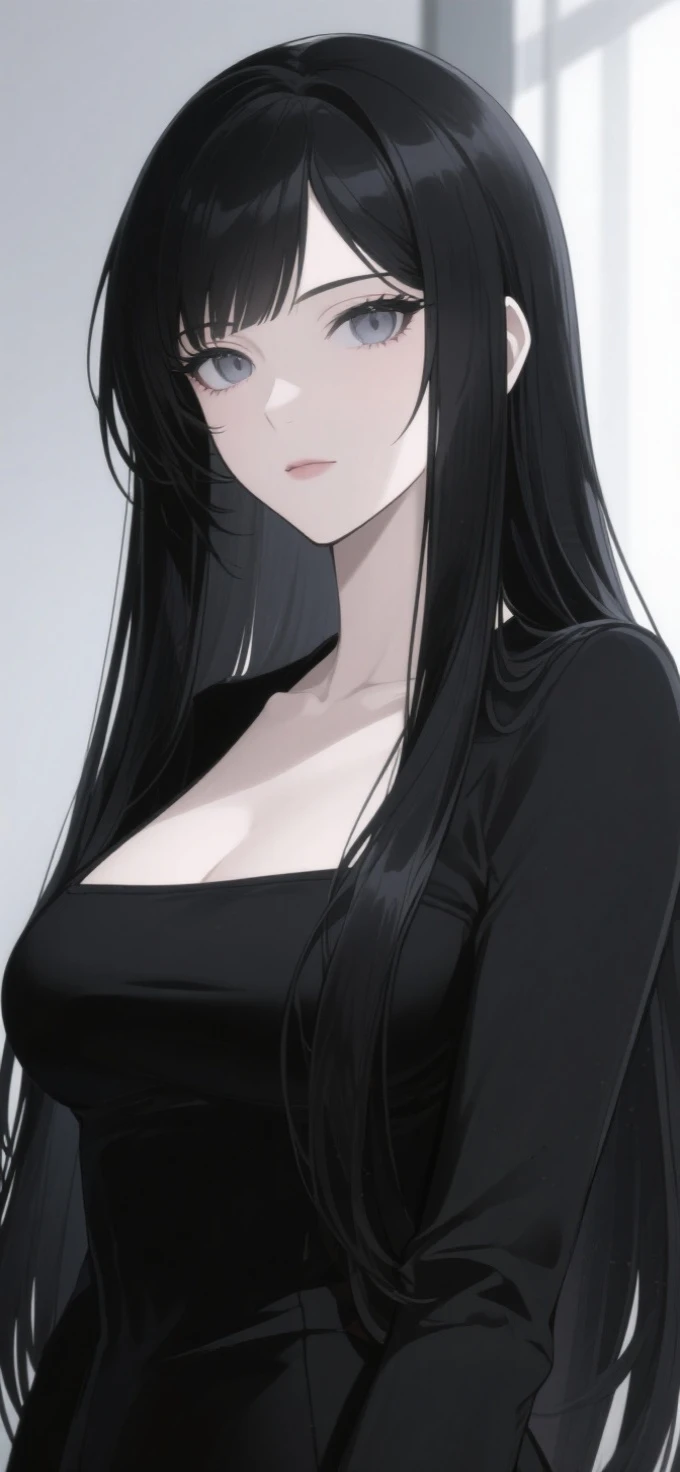 anime two-dimensional lady,super long black hair,cool facial shadows with light,gray pupil color,natural,inside in room,black clothes with clean background,Full body,Face close-up,cool color extreme detail