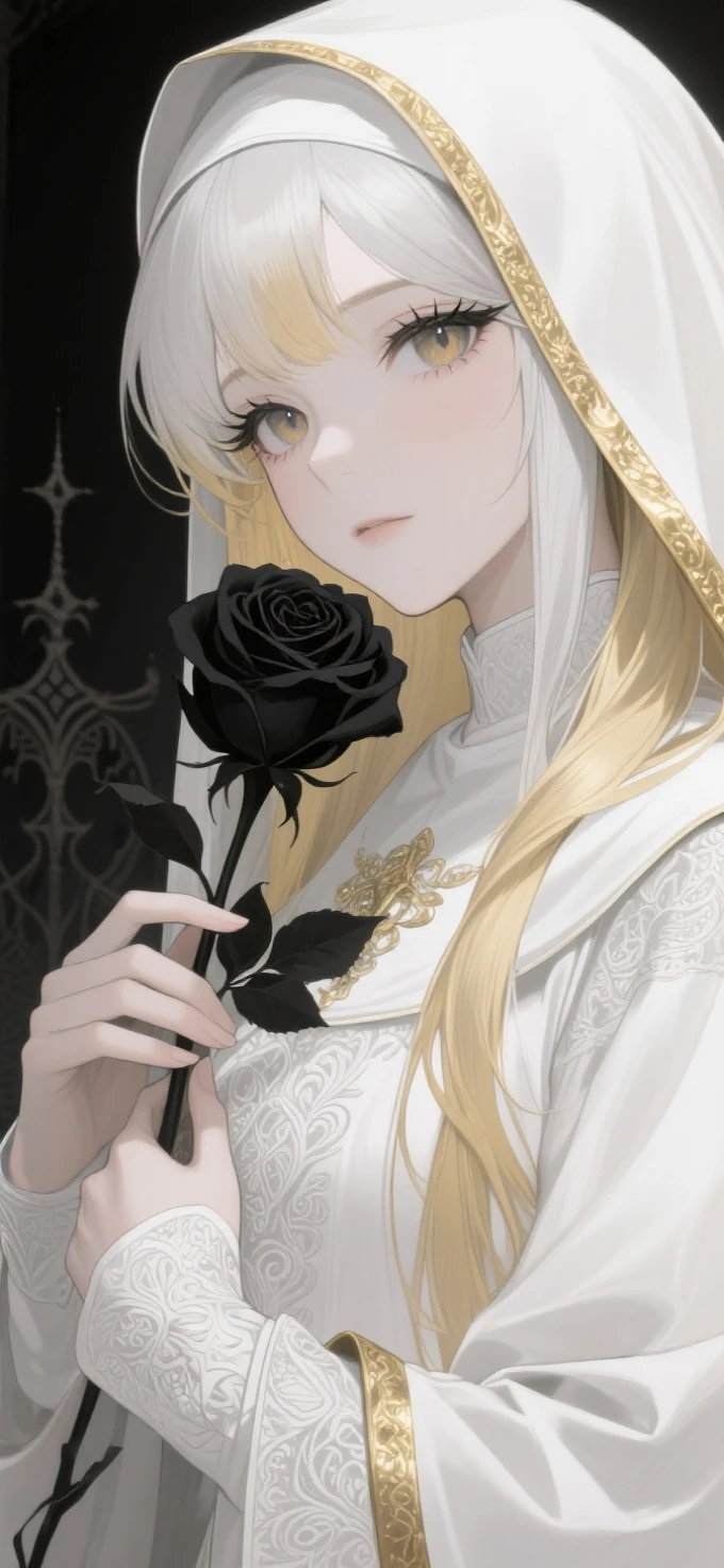 Anime style,Realistic illustration of a charming white haired nun holding a black rose,Long blond hair with bangs,A flowing white cape with golden edges,exquisite lighting and shadows,Long eyelashes,Mostly white attire with intricate patterns,masterpiece,Clear eyes,cinematic composition,Epic fantasy art,rich details,Best quality at best,OC rendering,Focus on the eye area,goth style,Dark fantasy,