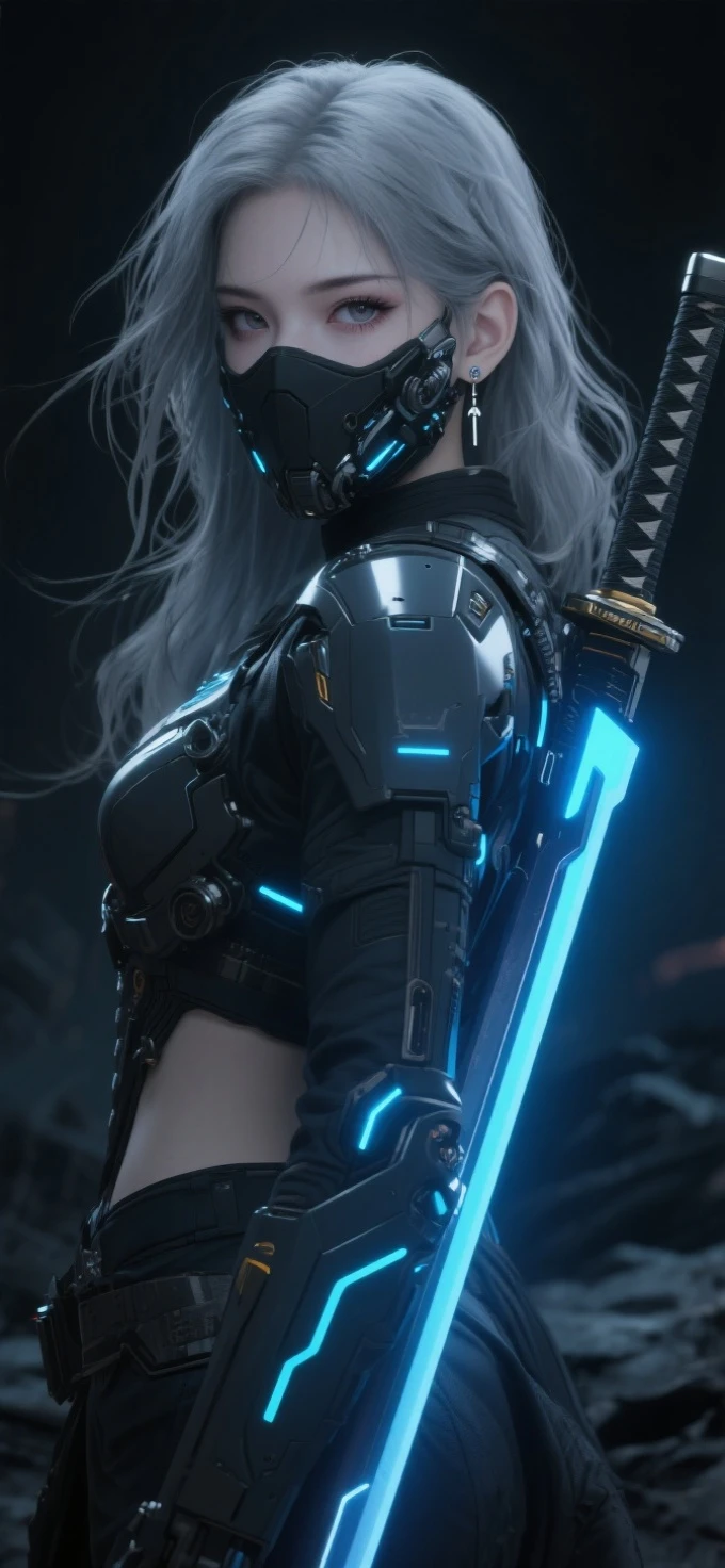 sci-fy感,Eschatological,Dark Wind,future-tech,fusion cyberpunk style,Matte texture,3D style girl,flowing hair,Off-white hair,Young female warriors,Cladding,Mysterious,powerful,a sense of atmosphere,Cladding,Mecha Age,with blue light on her body,sci-fy,young warrior,with a long knife behind,long eyelasher。Fair and translucent skin,Look directly into the lens,shows two dimples,Messy hair,eardrop