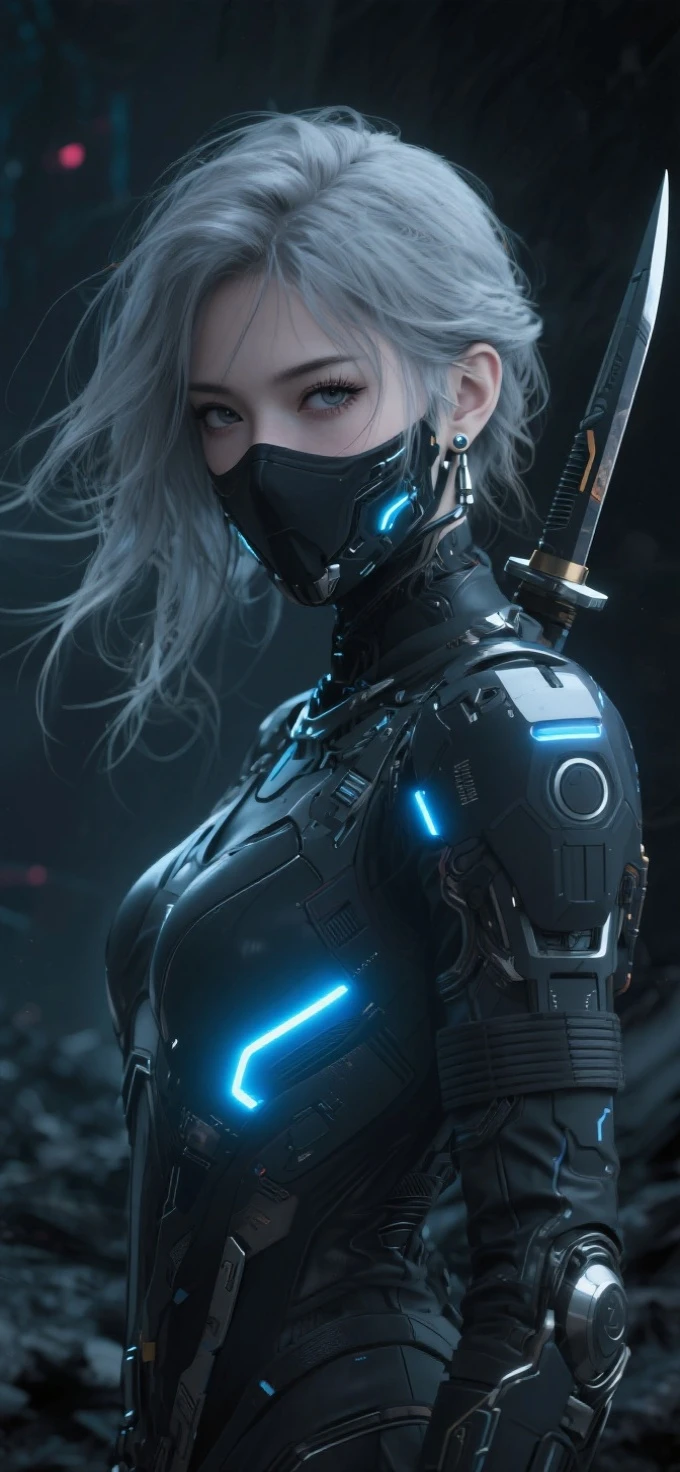 sci-fy感,Eschatological,Dark Wind,future-tech,fusion cyberpunk style,Matte texture,3D style girl,flowing hair,Off-white hair,Young female warriors,Cladding,Mysterious,powerful,a sense of atmosphere,Cladding,Mecha Age,with blue light on her body,sci-fy,young warrior,with a long knife behind,long eyelasher。Fair and translucent skin,Look directly into the lens,shows two dimples,Messy hair,eardrop