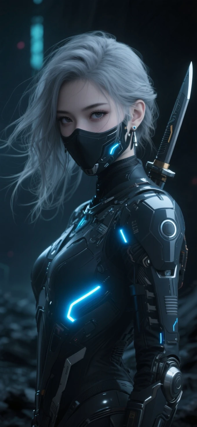sci-fy感,Eschatological,Dark Wind,future-tech,fusion cyberpunk style,Matte texture,3D style girl,flowing hair,Off-white hair,Young female warriors,Cladding,Mysterious,powerful,a sense of atmosphere,Cladding,Mecha Age,with blue light on her body,sci-fy,young warrior,with a long knife behind,long eyelasher。Fair and translucent skin,Look directly into the lens,shows two dimples,Messy hair,eardrop
