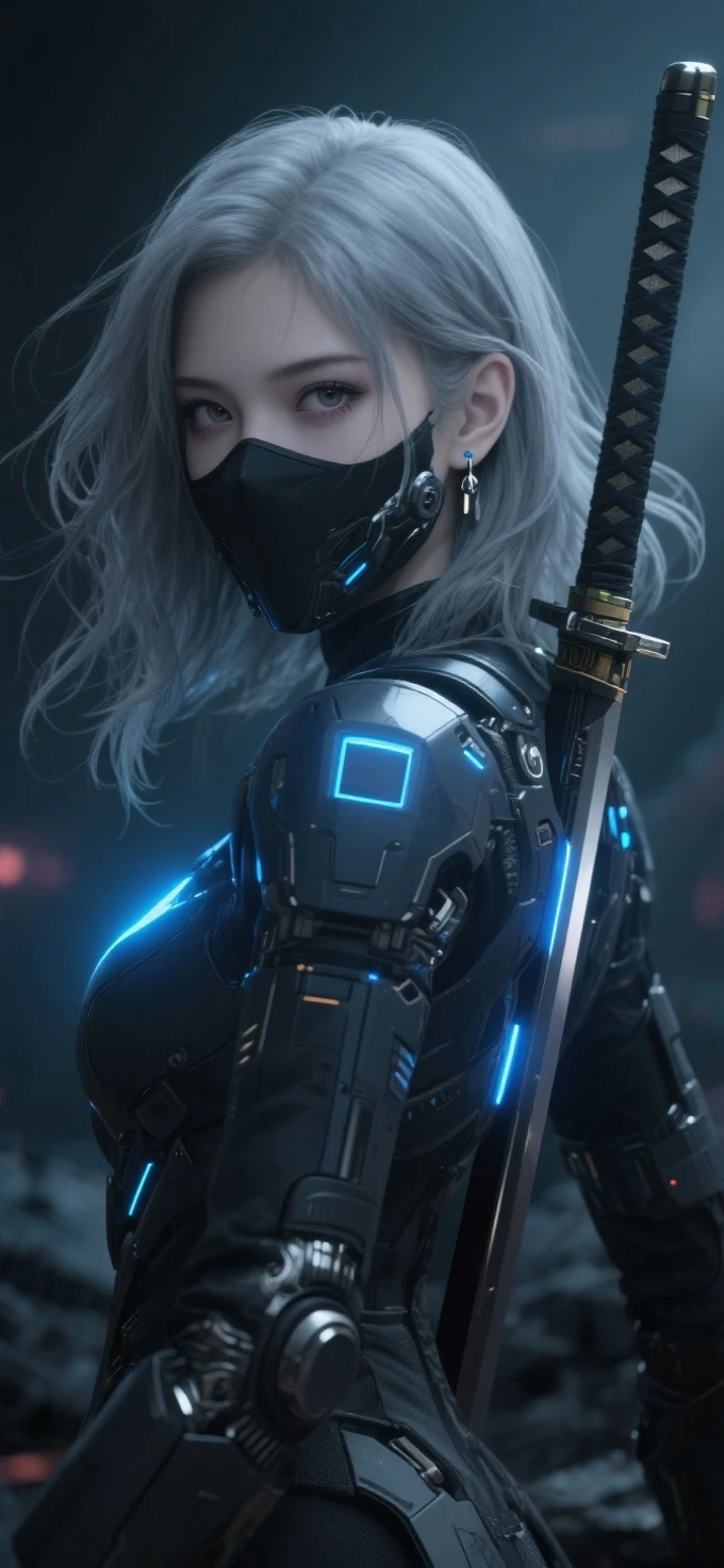 sci-fy感,Eschatological,Dark Wind,future-tech,fusion cyberpunk style,Matte texture,3D style girl,flowing hair,Off-white hair,Young female warriors,Cladding,Mysterious,powerful,a sense of atmosphere,Cladding,Mecha Age,with blue light on her body,sci-fy,young warrior,with a long knife behind,long eyelasher。Fair and translucent skin,Look directly into the lens,shows two dimples,Messy hair,eardrop