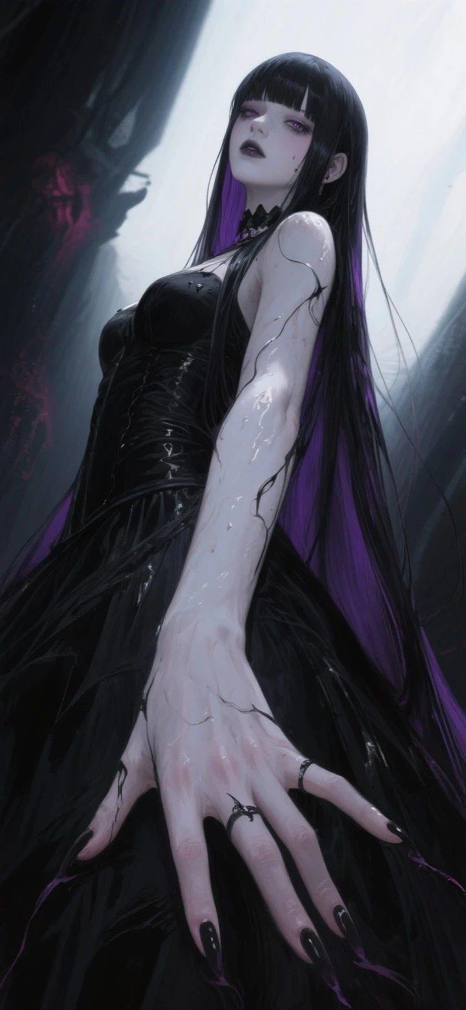 Weird Western,Brush Coat,Three Beautiful Girls with Cold Faces,Long black-purple hair,Black long straight,Princess cut,Wet method,Grumpy and Beautiful,Slender fingers,Seductive Stance,The dark wind background's lighting and shadow effects create a strange and evil atmosphere,The camera looks up,Exaggerated wide-angle perspective effects,