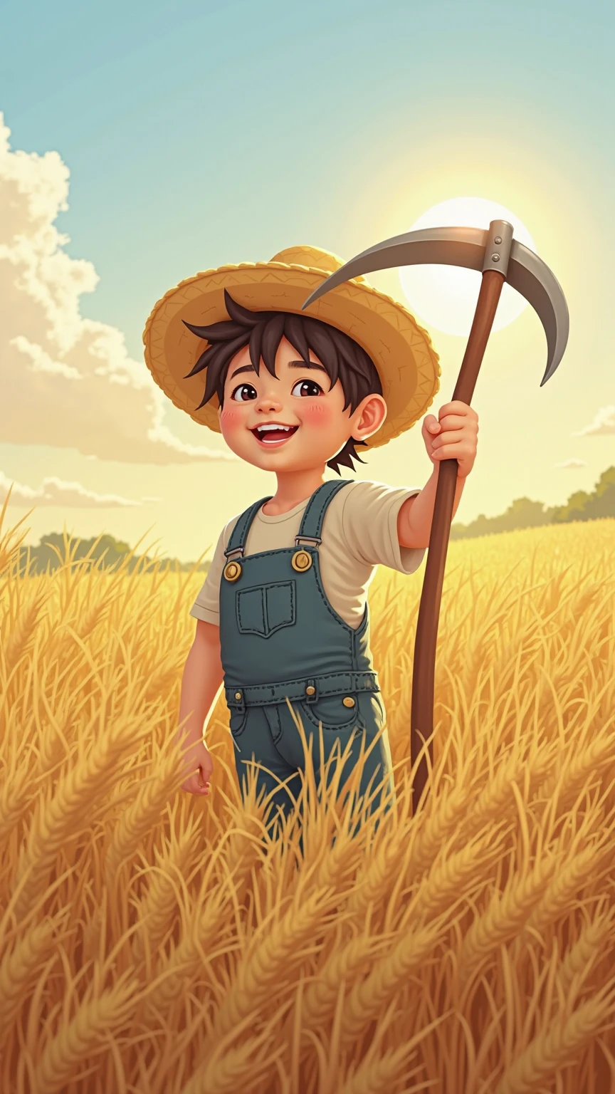 In a wheat field with a good harvest,Wearing a straw hat,Hold a scythe in hand,standing with a smile in the golden wheat waves,, the background is a broad sky and a continuous wheat field,The sun shines on the earth。