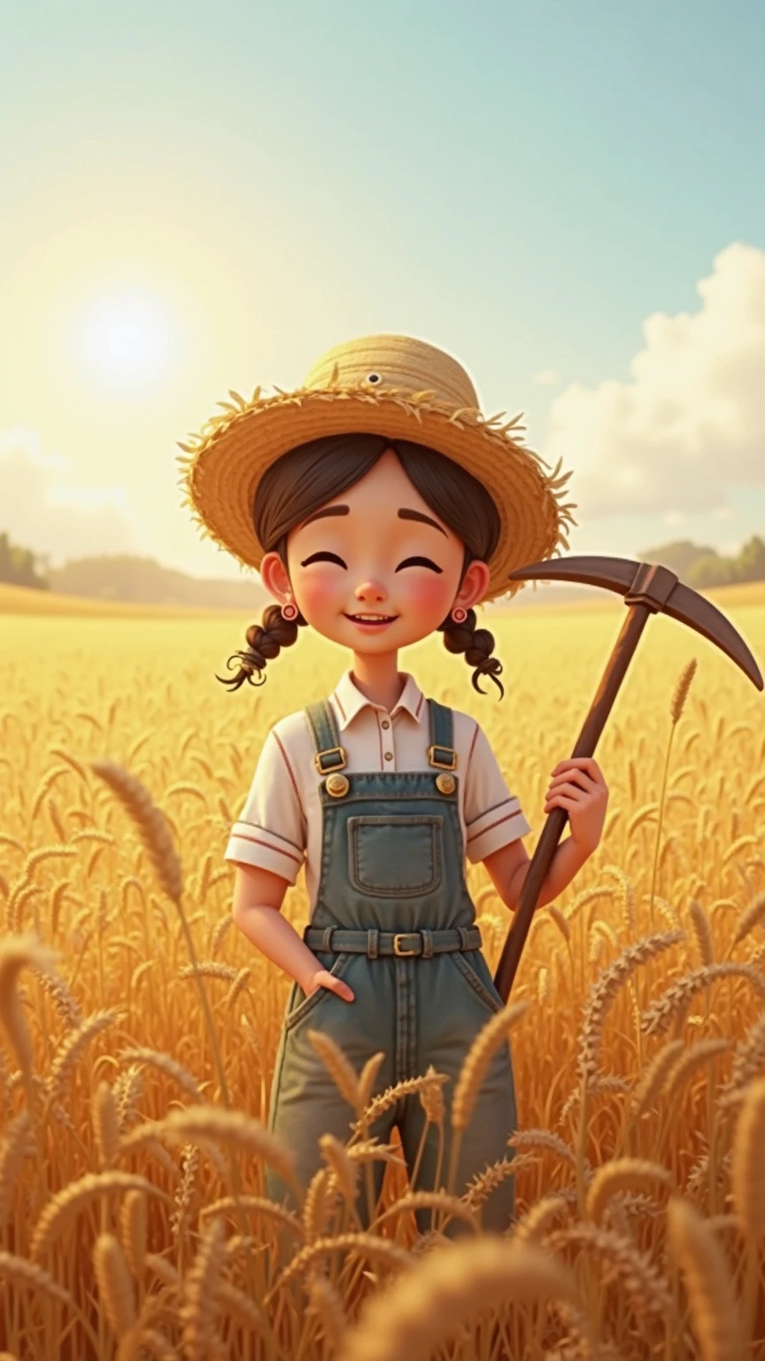 In a wheat field with a good harvest,Wearing a straw hat,Hold a scythe in hand,standing with a smile in the golden wheat waves,, the background is a broad sky and a continuous wheat field,The sun shines on the earth。