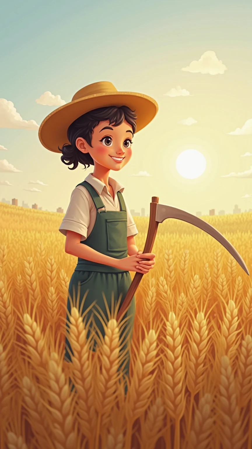 In a wheat field with a good harvest,Wearing a straw hat,Hold a scythe in hand,standing with a smile in the golden wheat waves,, the background is a broad sky and a continuous wheat field,The sun shines on the earth。