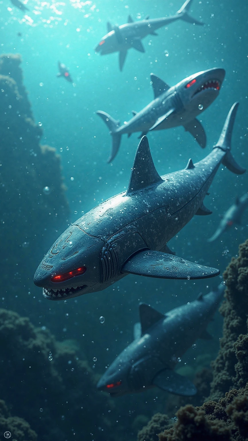 Future Ocean Battleground,Robotic Shark Warriors Travel Through the Deep Sea,Metal Body Shines Cold Light,Sharp Fins Break Water Waves,Scarlet Electronic Eyes Scan the Battlefield,Surrounded by Wrecks and Bubbles,Technological Battle Scene,Long-range Horizontal View。
