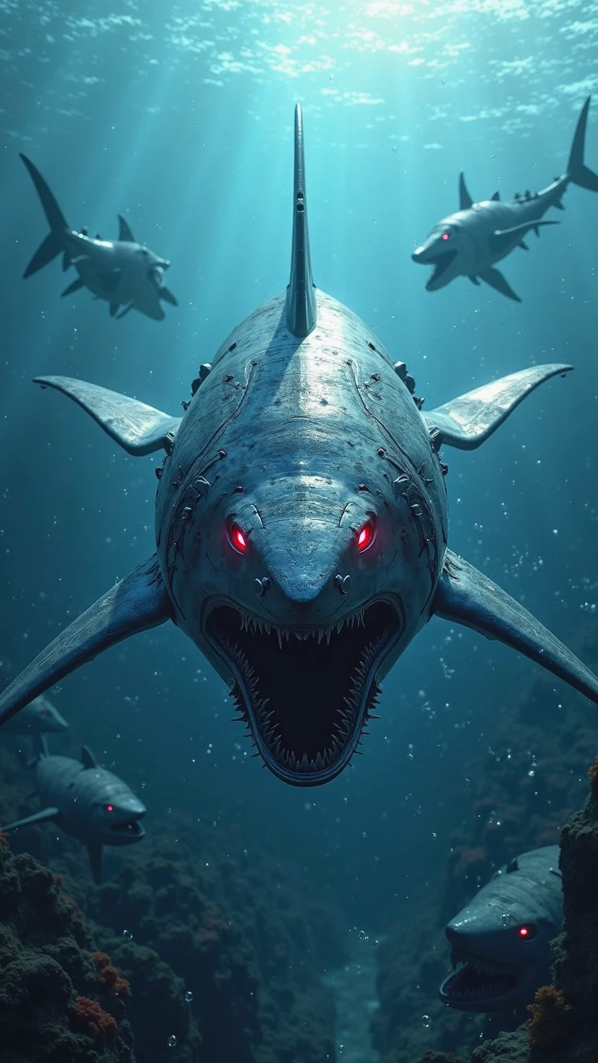 Future Ocean Battleground,Robotic Shark Warriors Travel Through the Deep Sea,Metal Body Shines Cold Light,Sharp Fins Break Water Waves,Scarlet Electronic Eyes Scan the Battlefield,Surrounded by Wrecks and Bubbles,Technological Battle Scene,Long-range Horizontal View。