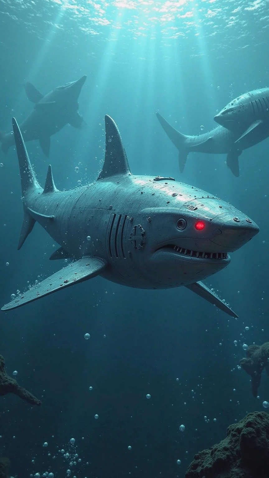 Future Ocean Battleground,Robotic Shark Warriors Travel Through the Deep Sea,Metal Body Shines Cold Light,Sharp Fins Break Water Waves,Scarlet Electronic Eyes Scan the Battlefield,Surrounded by Wrecks and Bubbles,Technological Battle Scene,Long-range Horizontal View。