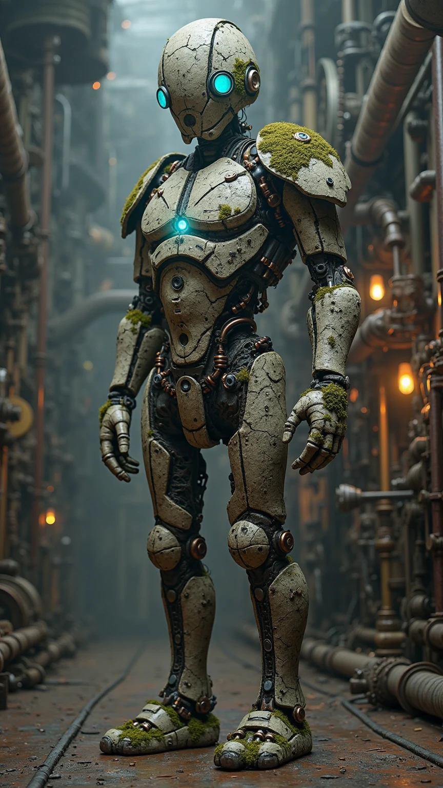 Steampunk Style,A mechanical stone man standing in a factory full of steam,The head is made of rough rock,The surface is covered with cracks and moss,The eye area emits a faint blue glow,The body is inlaid with gears and copper tubes,The background is a complicated mechanical device and steam pipe,Medium view full body view。