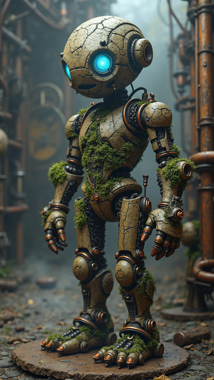 Steampunk Style,A mechanical stone man standing in a factory full of steam,The head is made of rough rock,The surface is covered with cracks and moss,The eye area emits a faint blue glow,The body is inlaid with gears and copper tubes,The background is a complicated mechanical device and steam pipe,Medium view full body view。