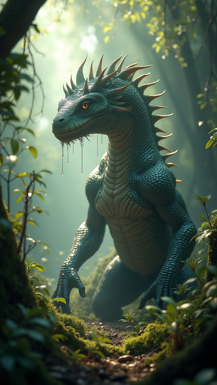 Giant Forest Dew,Scales Delicate Texture,Muscles Wrapping,Predation Stance,the rainforest,Morning Dew Flickering,hunting scene,ultra hd photography