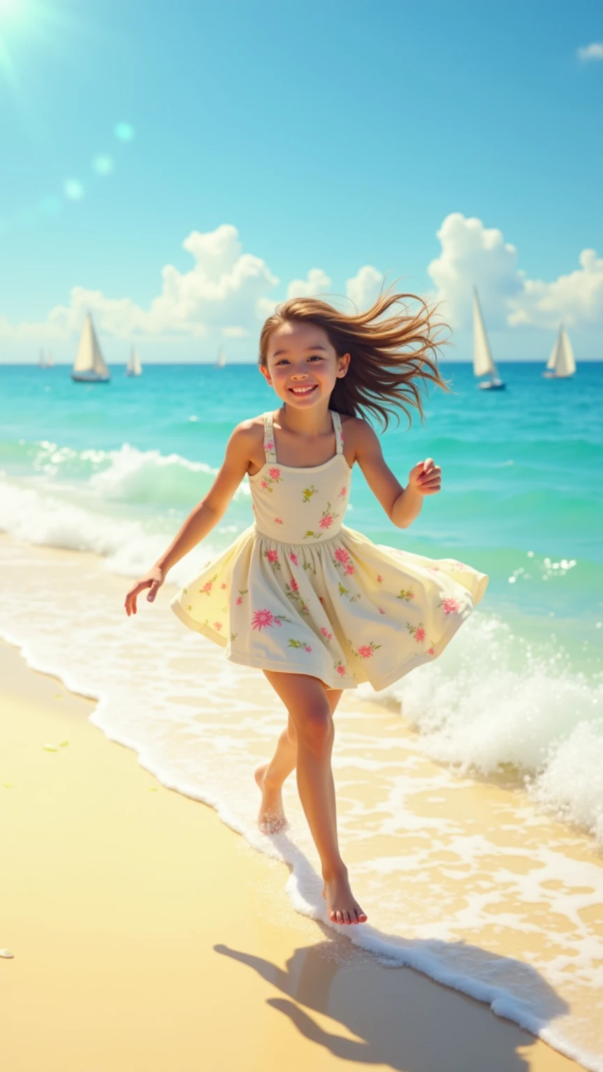 Sunny girl runs barefoot on the golden beach,The floral skirt flutters in the wind,Blue waves caress ankles,Light spots reflected from the sea surface jump between the hair,White sails in the distance embellish the azure horizon。The girl has fair skin,The smile is bright,The skirt is dotted with small flower patterns,Swing your hands naturally,Light posture。The sea breeze is gentle,The sun shines on her,Forming a warm halo。Panoramic horizontal perspective,Full of summer vitality。