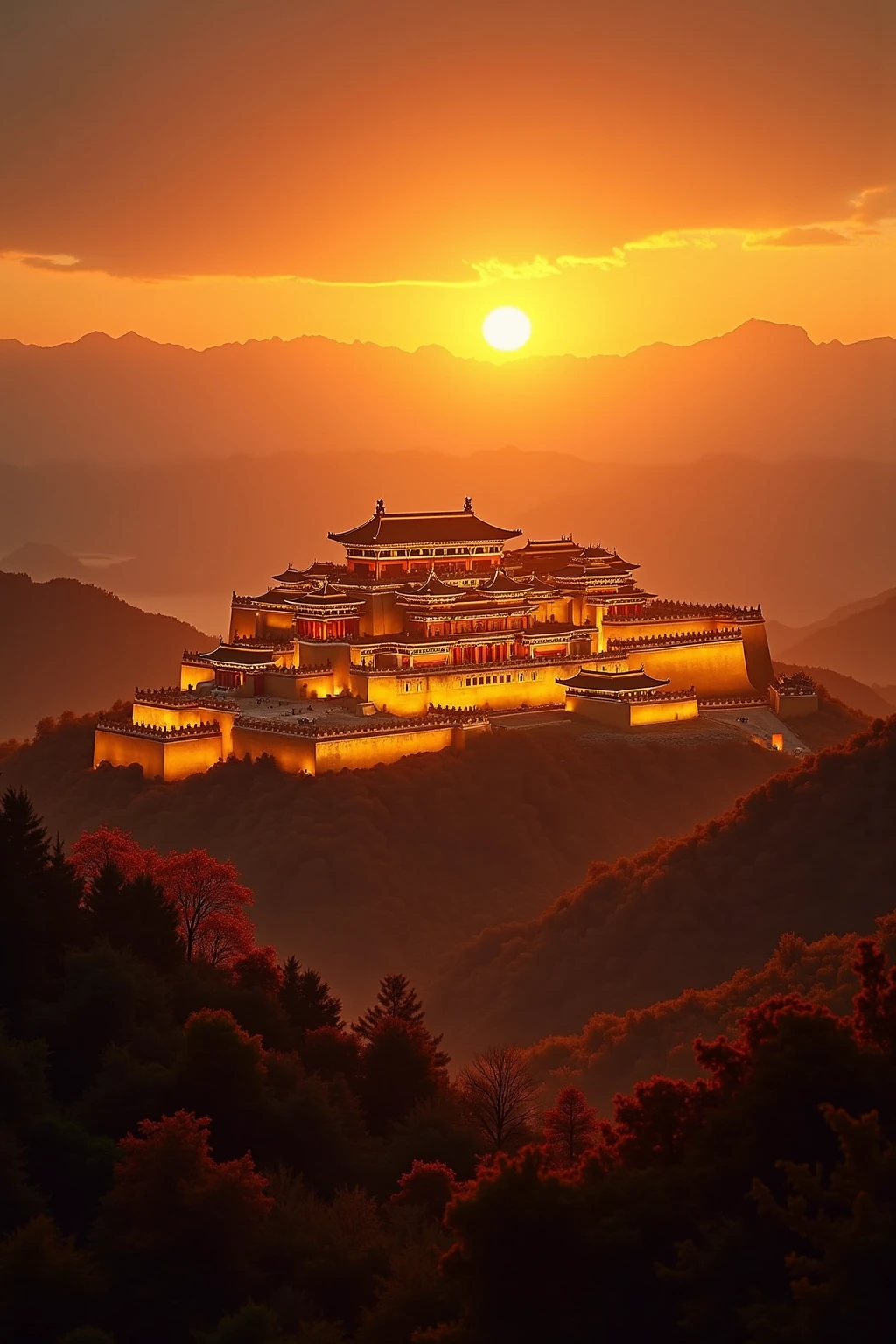 The golden palace under the sunset,The walls shine like gold,The sky is dyed orange-red,The outlines of the mountains are vaguely visible in the distance,The grand building shines brightly in the afterglow of the sunset,Panoramic top-down view。