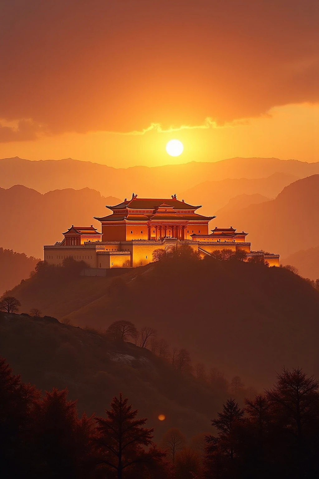 The golden palace under the sunset,The walls shine like gold,The sky is dyed orange-red,The outlines of the mountains are vaguely visible in the distance,The grand building shines brightly in the afterglow of the sunset,Panoramic top-down view。