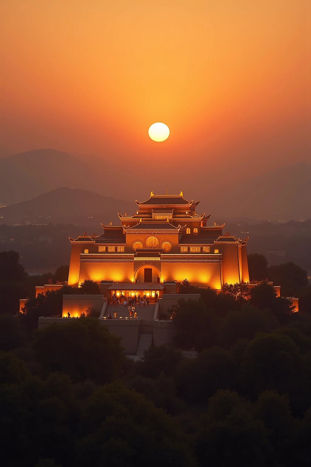 The golden palace under the sunset,The walls shine like gold,The sky is dyed orange-red,The outlines of the mountains are vaguely visible in the distance,The grand building shines brightly in the afterglow of the sunset,Panoramic top-down view。