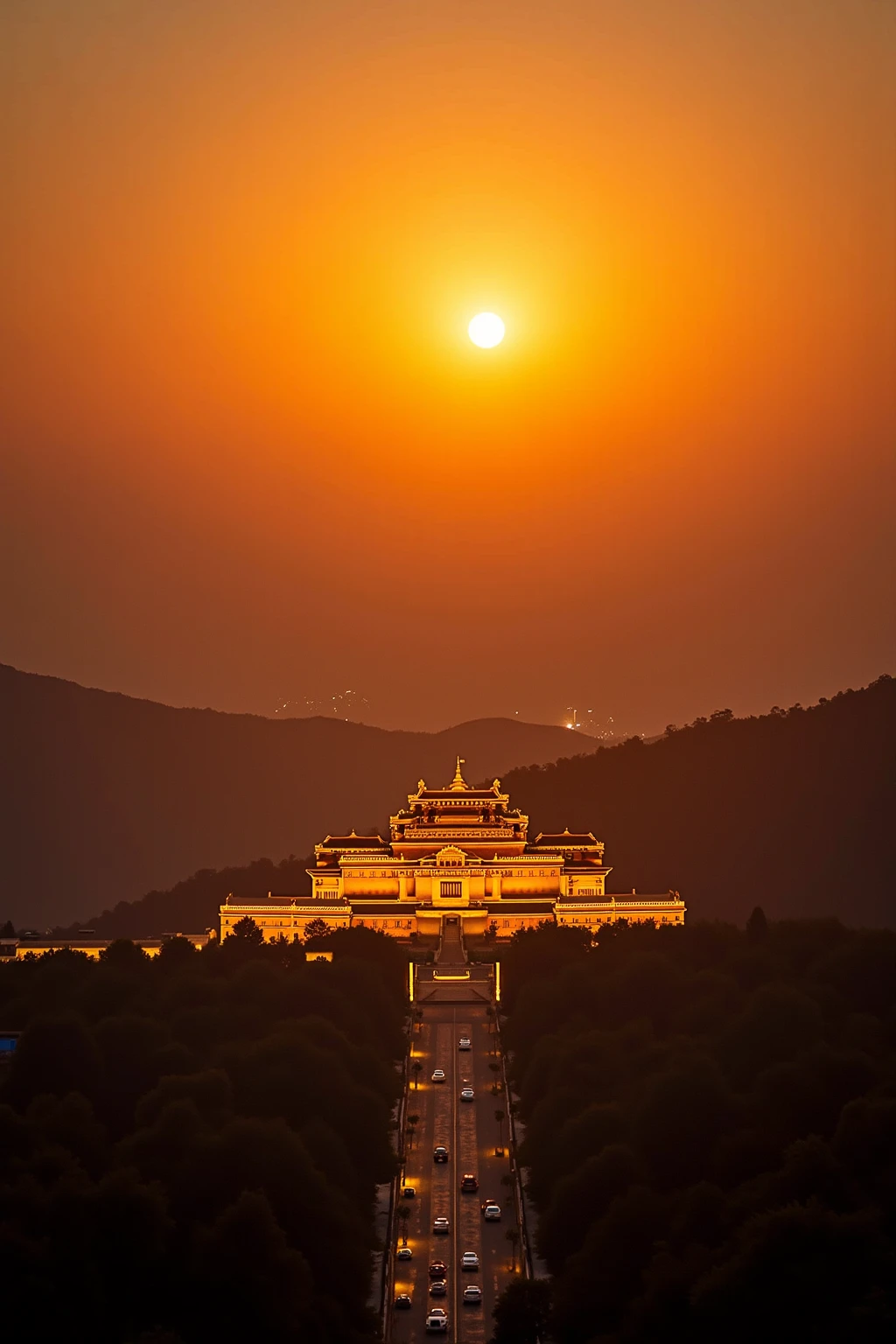 The golden palace under the sunset,The walls shine like gold,The sky is dyed orange-red,The outlines of the mountains are vaguely visible in the distance,The grand building shines brightly in the afterglow of the sunset,Panoramic top-down view。