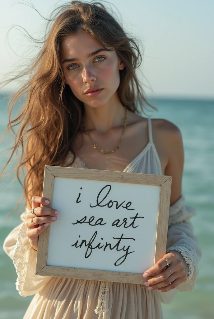 Beautiful girl with wavy long hair,Wearing a bohemian dress,Hand holding a whiteboard with the words “I Love SeaArt Infinity” written on it,and show the audience