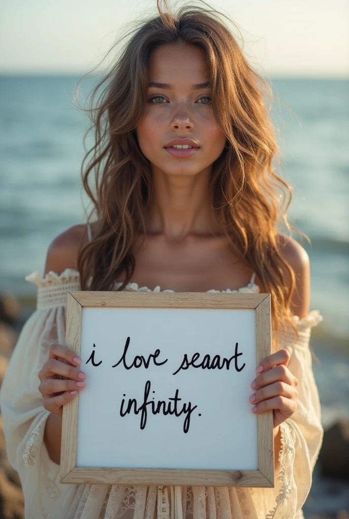 Beautiful girl with wavy long hair,Wearing a bohemian dress,Hand holding a whiteboard with the words “I Love SeaArt Infinity” written on it,and show the audience