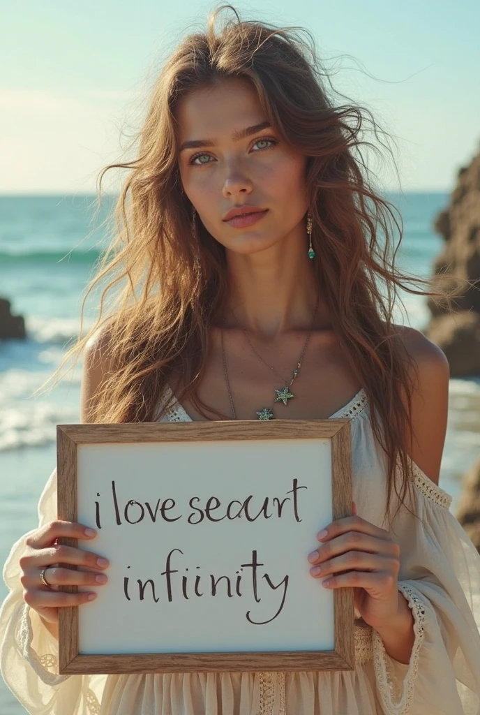 Beautiful girl with wavy long hair,Wearing a bohemian dress,Hand holding a whiteboard with the words “I Love SeaArt Infinity” written on it,and show the audience