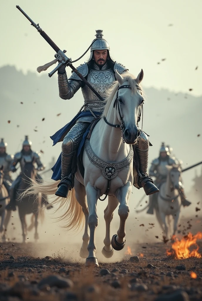 White Horse Silver Gun Zhao Zilong rushed alone,Embracing Master A Dou,Silver Armor Shines,Long Guns Like Dragons,Surrounding Thousand Cao Jun,The battlefield is full of gunfire,Epic War Scenes,Jingo Iron Horse,Twilight is pale,Professional Movie Texture
